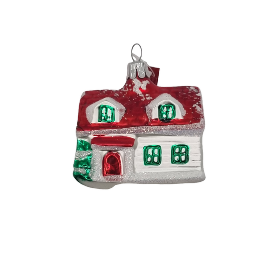 European Glass Christmas ornament of a House Red Roof Christmas Tree Red Door (D)