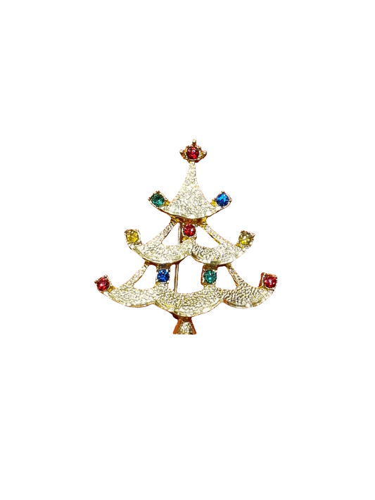 European Glass Christmas ornament of a Gold Christmas Tree with Red, Green & Blue Crystals | Brooch V