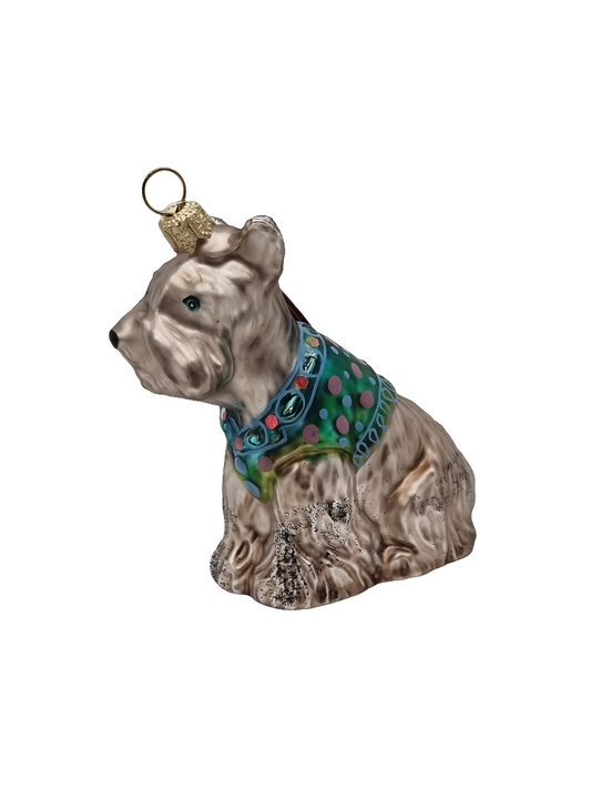 European Glass Christmas ornament of a Dog Terrier in Jacket (R)