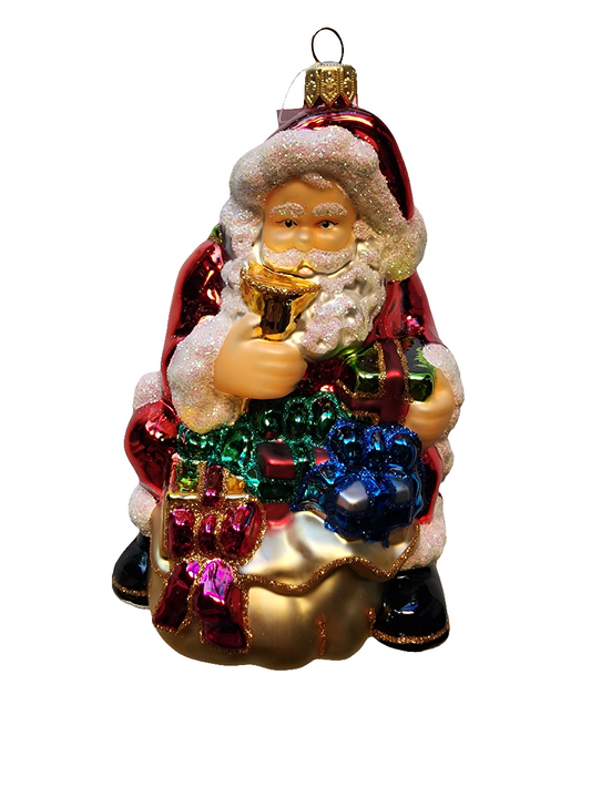 European Glass Christmas ornament of a Santa with Goblet and Presents (W)