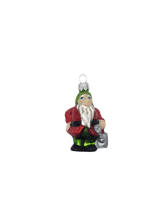 European Glass Christmas ornament of a Gnome with Watering Can (H)