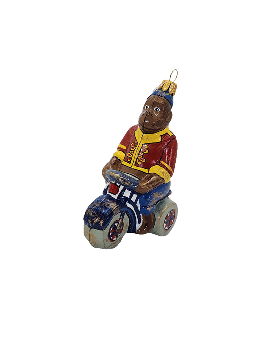 European Glass Christmas ornament of a Monkey motorbike circus (R)