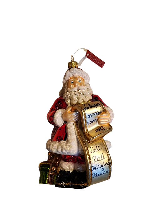 European Glass Christmas ornament of a Santa | Seated with List (W)