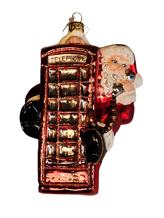 European Glass Christmas ornament of a Santa Climbing Phonebooth (W)