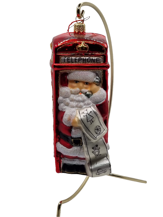 European Glass Christmas ornament of a Santa London phone booth (W)