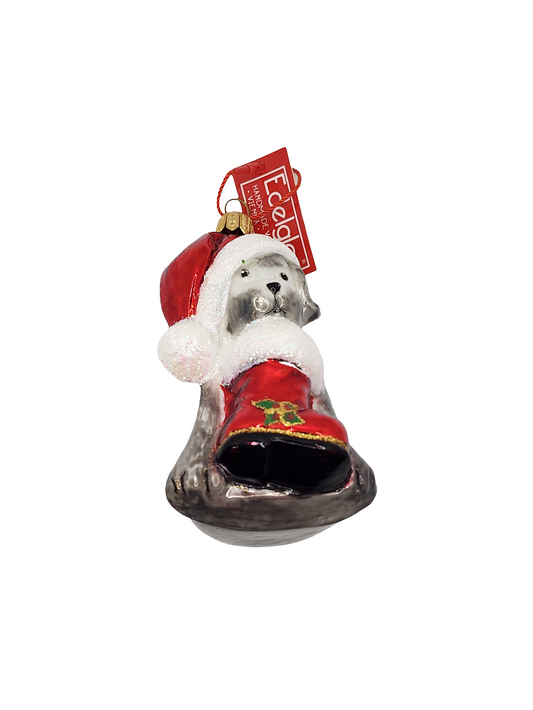 European Glass Christmas ornament of a Dog Santa Hat & Boot Christmas (S)