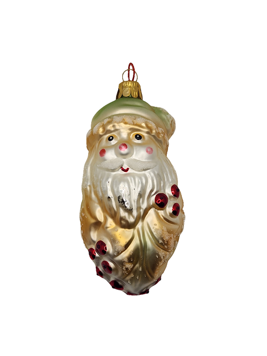 European Glass Christmas ornament of a Santa Head | Green Hat with Crystals in Beard (M)