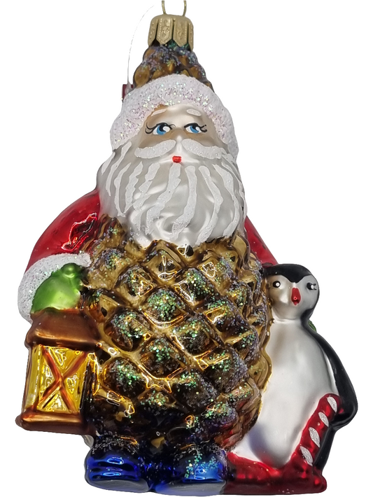 European Glass Christmas ornament of a Santas | Pinecone Santa with Penguins & Presents (S)