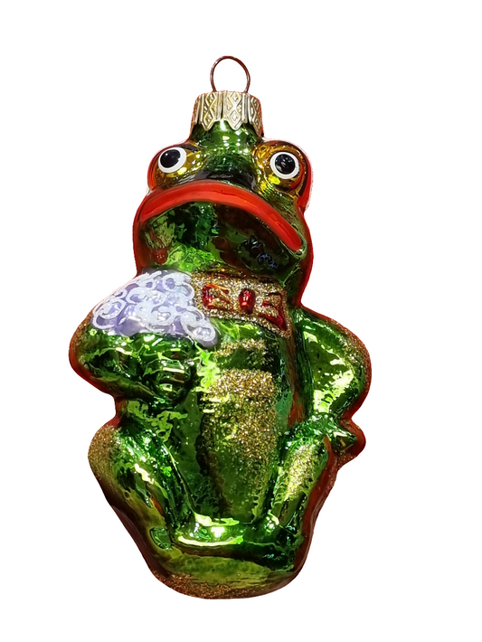 European Glass Christmas ornament of a Frog with Flowers & Bow Tie (G)