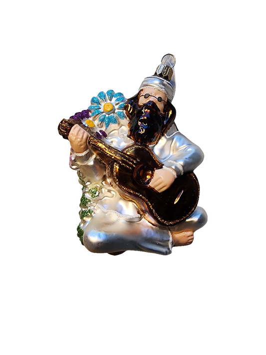 European Glass Christmas ornament of a Hippie with Flowers and Guitar (W)