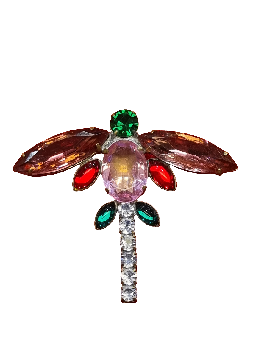 European Glass Christmas ornament of a Dragonfly with Pink Crystal Wings | Brooch V