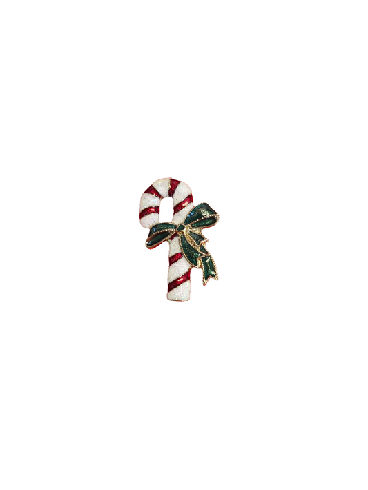 European Glass Christmas ornament of a Single Candy Cane with Green Bow | Brooch V