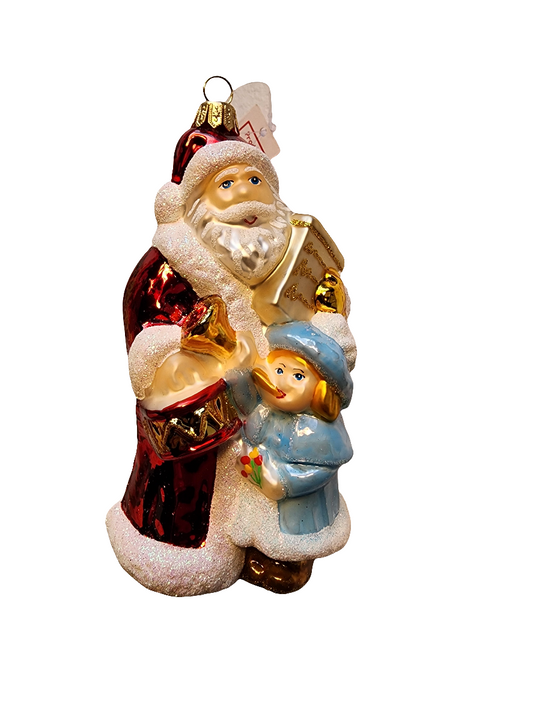 European Glass Christmas ornament of a Santa with Little Girl Blue Jacket (W)