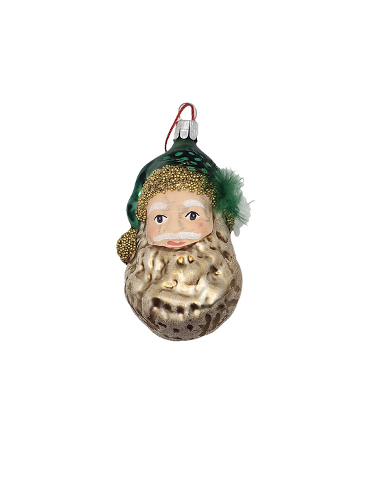 European Glass Christmas ornament of a Santa Head | Frosted with Feather (Q)