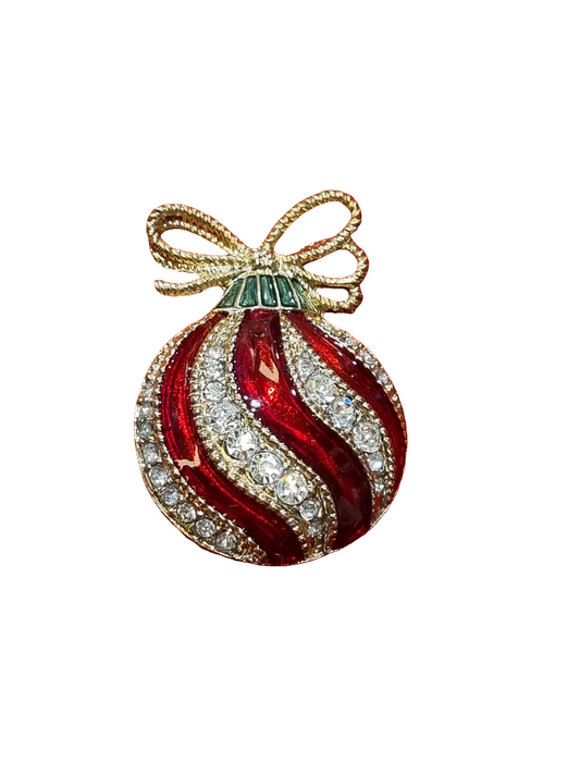 European Glass Christmas ornament of a Red & Silver Bauble | Brooch V