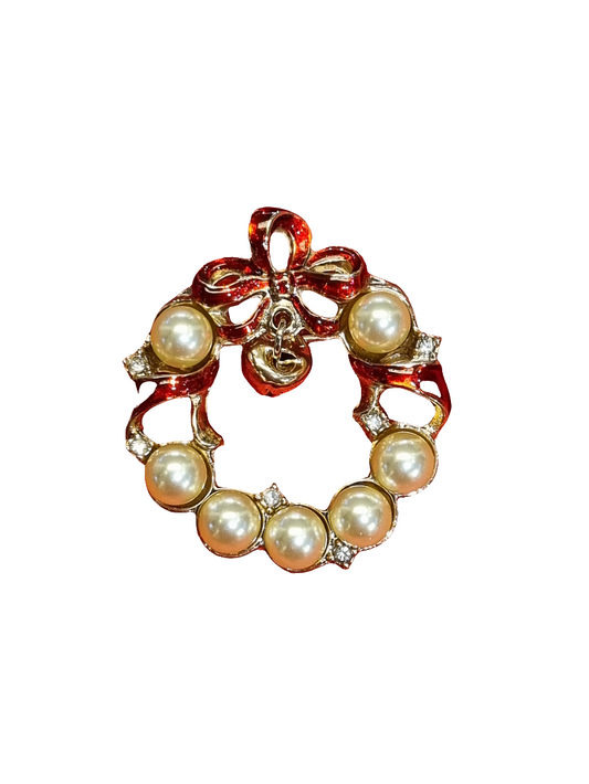 European Glass Christmas ornament of a Pearl Wreath with Bell | Brooch V