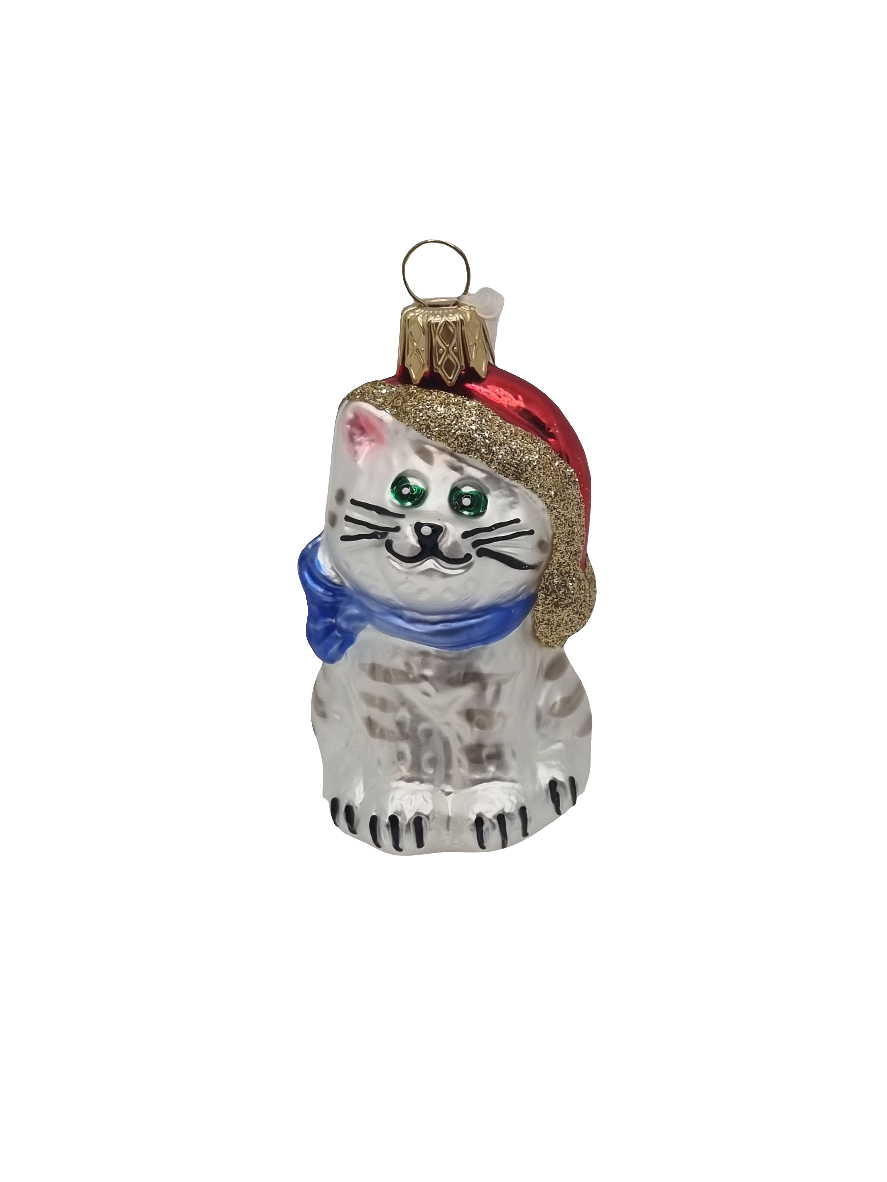 European Glass Christmas ornament of a Cat santa hat sparkly (K)