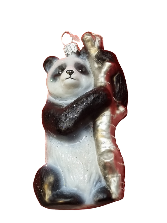 European Glass Christmas ornament of a Panda with Branch (V)