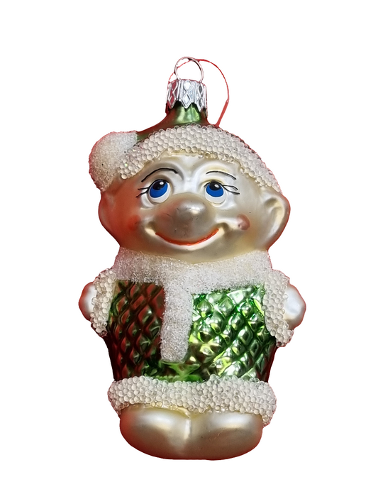 European Glass Christmas ornament of a Troll with Jacket & Beanie (H)