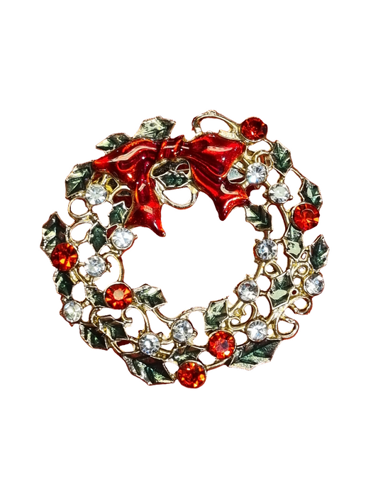 European Glass Christmas ornament of a Delicate Crystal Wreath with Top Bow | Brooch V
