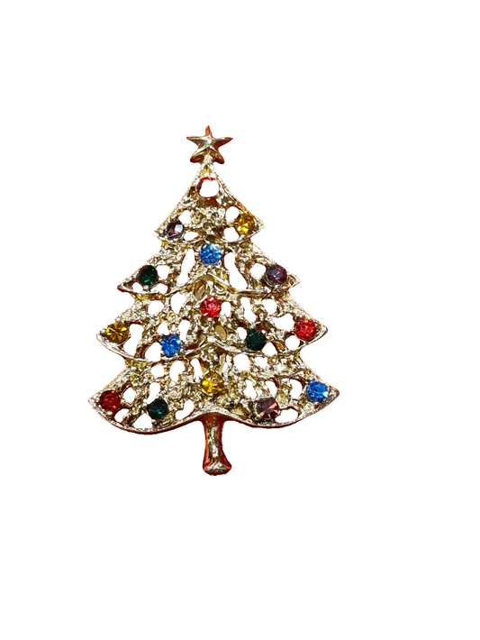 European Glass Christmas ornament of a Filligree Gold Tree with Colourful Crystal Baubles | Brooch V