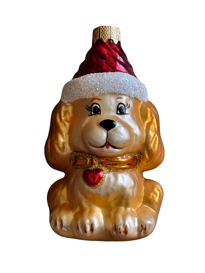 European Glass Christmas ornament of a Dog | Golden Retriever with Santa Hat (K)