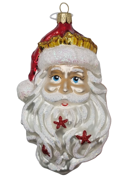 European Glass Christmas ornament of a Santa Head | with Flower Beard (T)