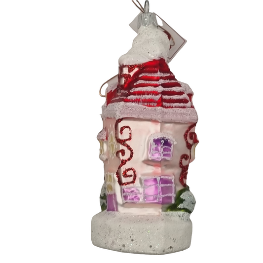 European Glass Christmas ornament of a House Tall Pink (P)