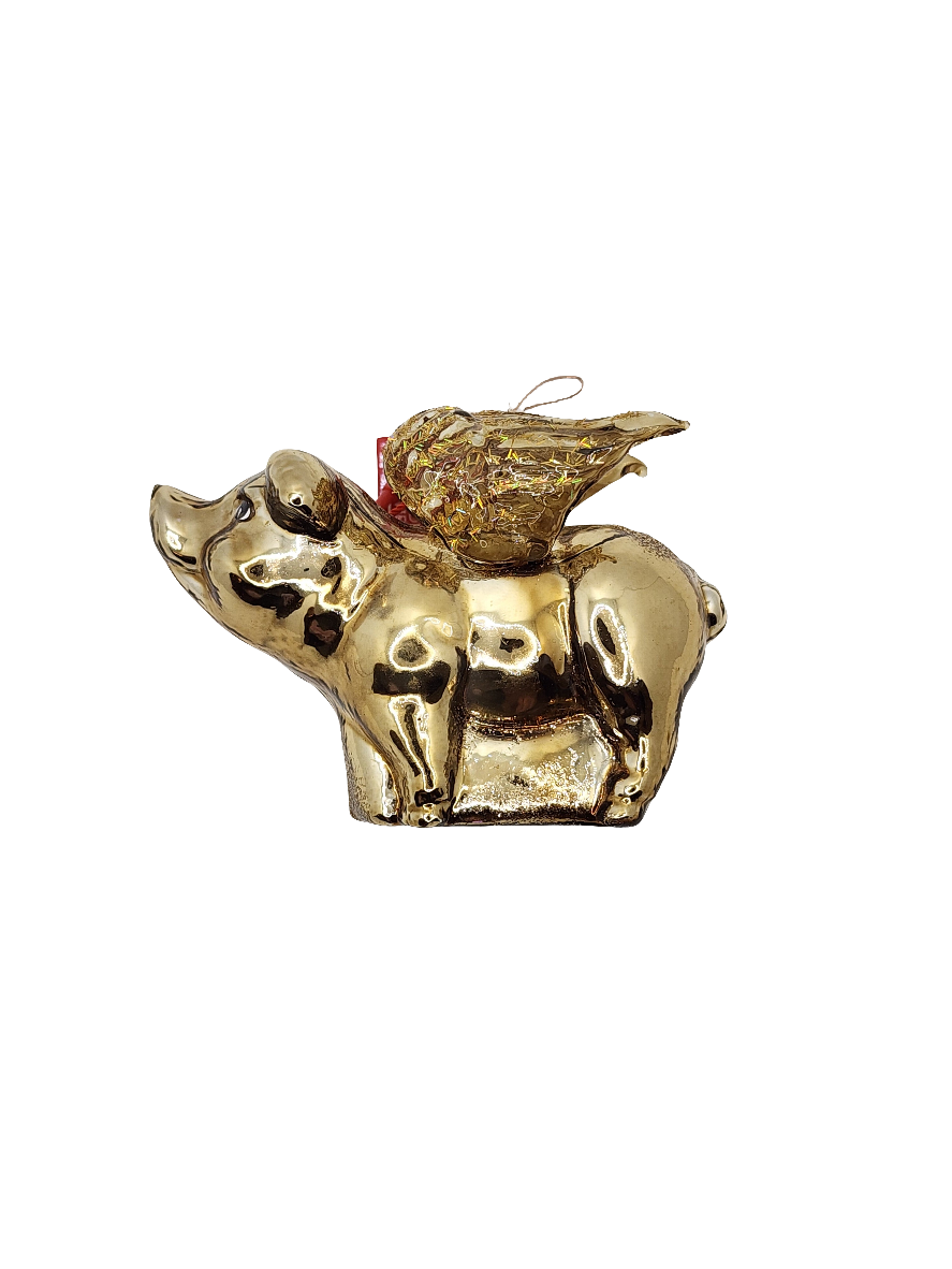 European Glass Christmas ornament of a Pig | Golden Flying Pig with Translucent Wings (S)