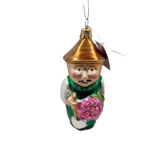 European Glass Christmas ornament of a Gardener Man with Pink Flowers (L)
