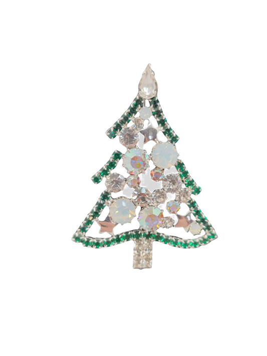 European Glass Christmas ornament of a Large Crystal Tree Green Border | Brooch X