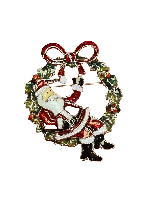 European Glass Christmas ornament of a Santa in Wreath | Brooch V