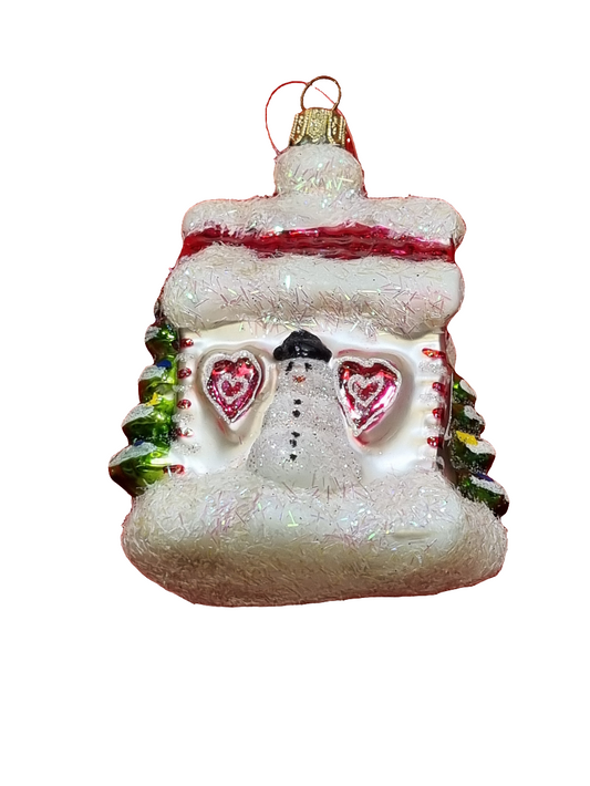 European Glass Christmas ornament of a House Snowy with Snowman (S)