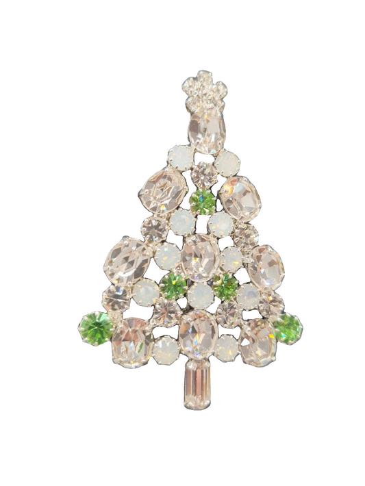European Glass Christmas ornament of a Large Green & Silver Crystal Tree | Brooch X