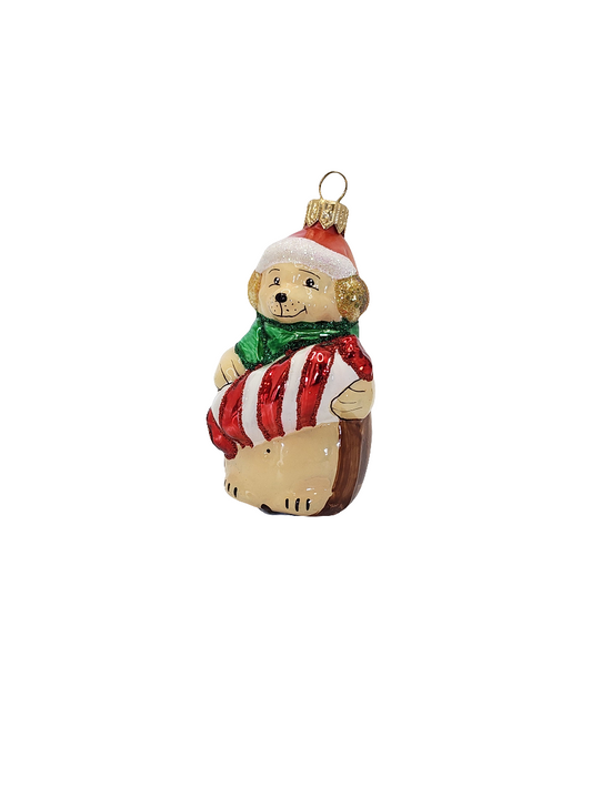 European Glass Christmas ornament of a Dog white red santa hat (L)