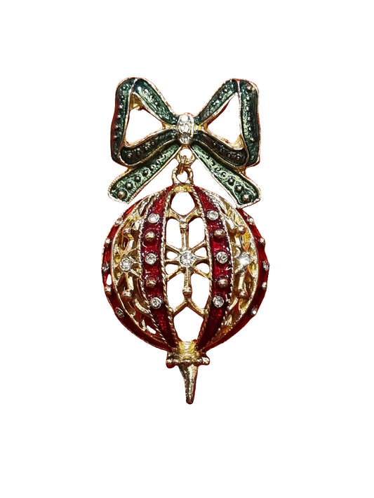 European Glass Christmas ornament of a Large Dangle Bauble with Green Bow | Brooch V
