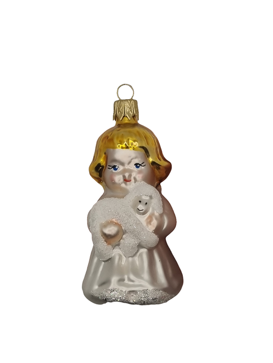 European Glass Christmas ornament of a Girl | Little Girl with Lamb (J)