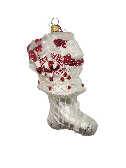 European Glass Christmas ornament of a Stocking with presents (V)