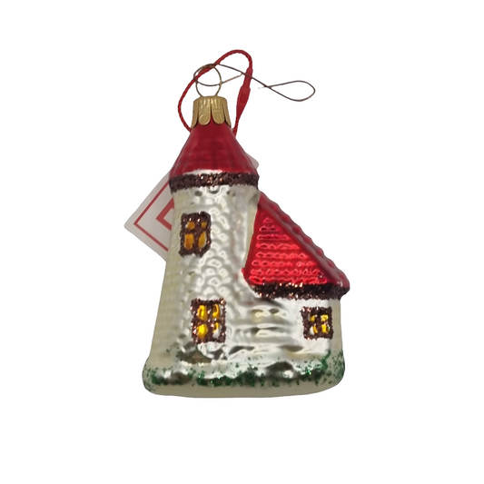 European Glass Christmas ornament of a Round Tower and Small House (E)