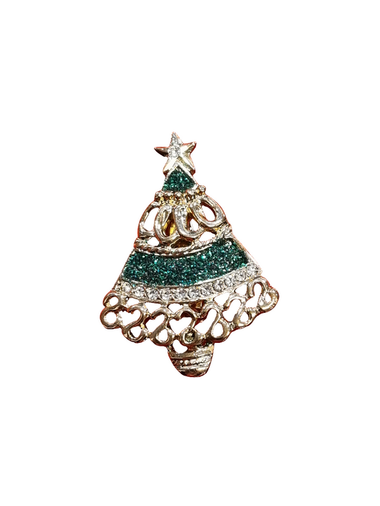 European Glass Christmas ornament of a Loopy Gold Tree with Green Sparkle | Brooch V
