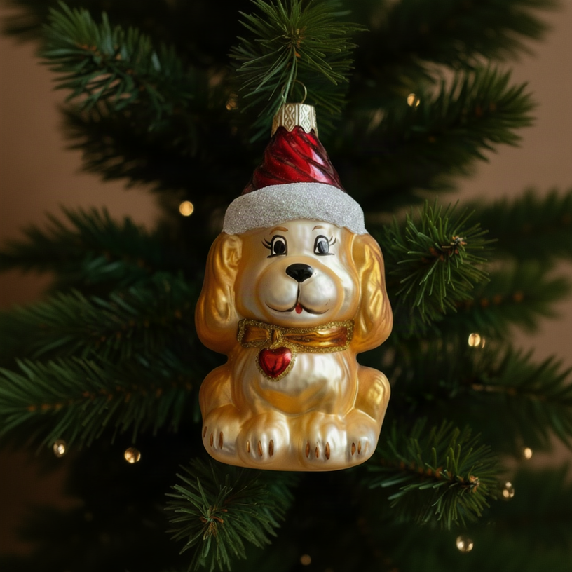 Christmas ornament of a golden retriever dog with a Santa hat on a tree