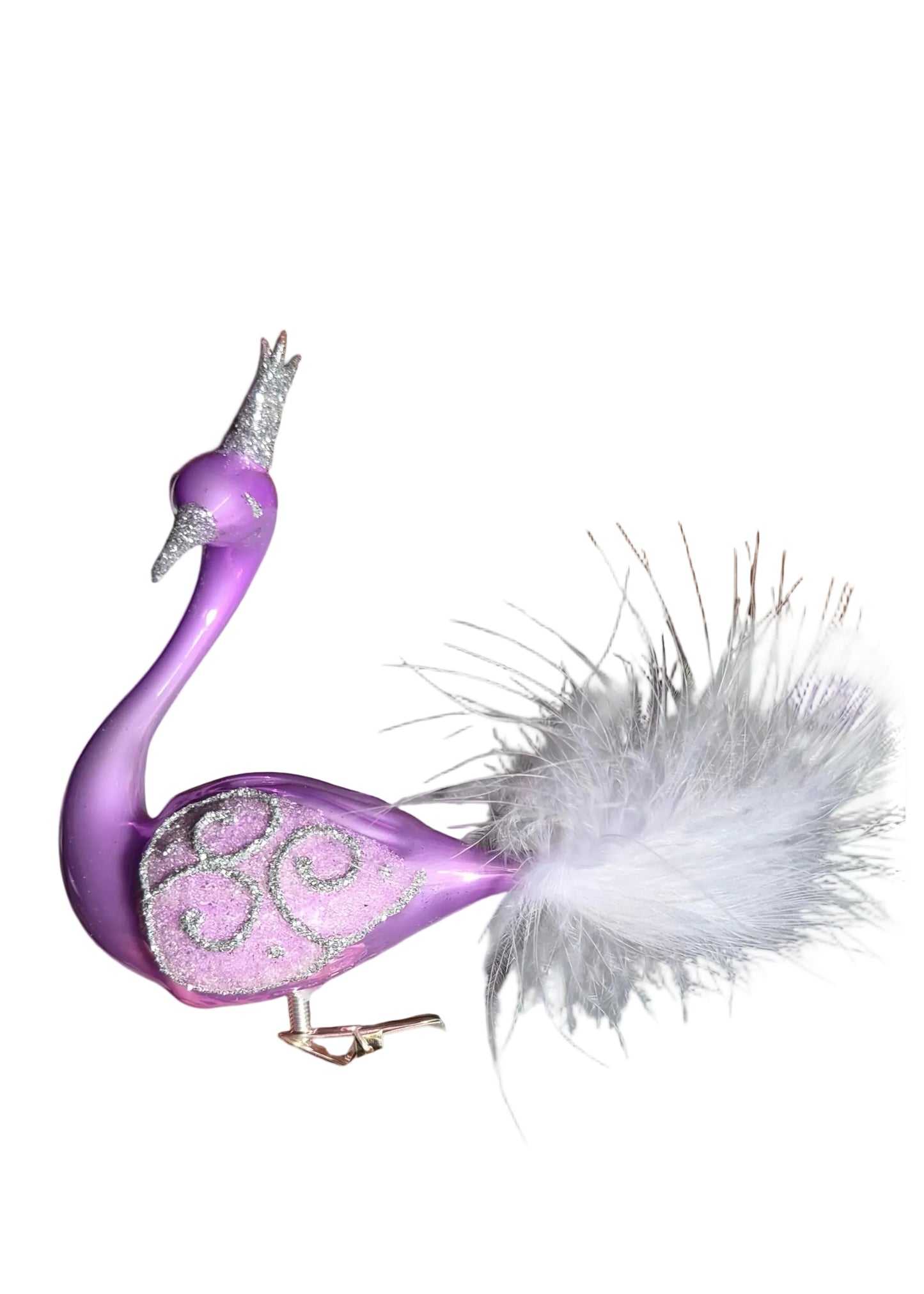 A purple and lavender decorative bird ornament with a white feather plume,