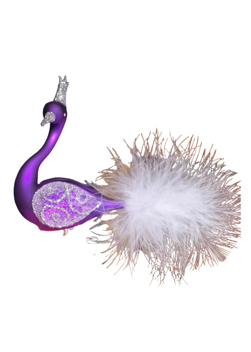 A decorative peacock figurine with a metallic purple body, patterned purple and lavender chest, and a large fluffy white and beige tail, isolated on a white background.