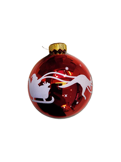 European Glass Christmas ornament of a Bauble | Red with Santa's Sleigh & Kangaroos (I)