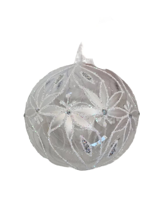 European Glass Christmas ornament of a Bauble | Clear with White Frosted Patterns (K)