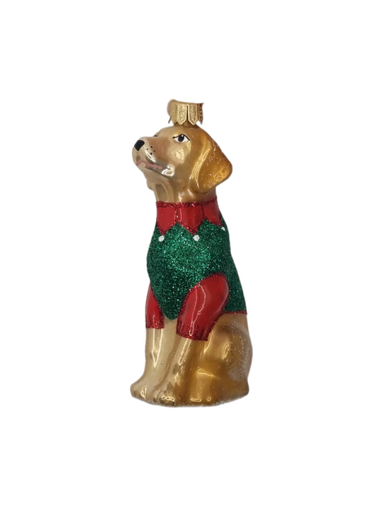 European Glass Christmas ornament of a Dog | Labrador in Christmas Jacket (P)