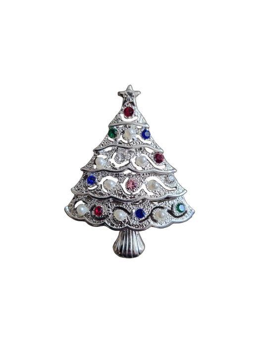 Brass & European preciosa crystal Christmas tree brooch from Jablonec with wavy gold branches and colourful crystal baubles and star in silver