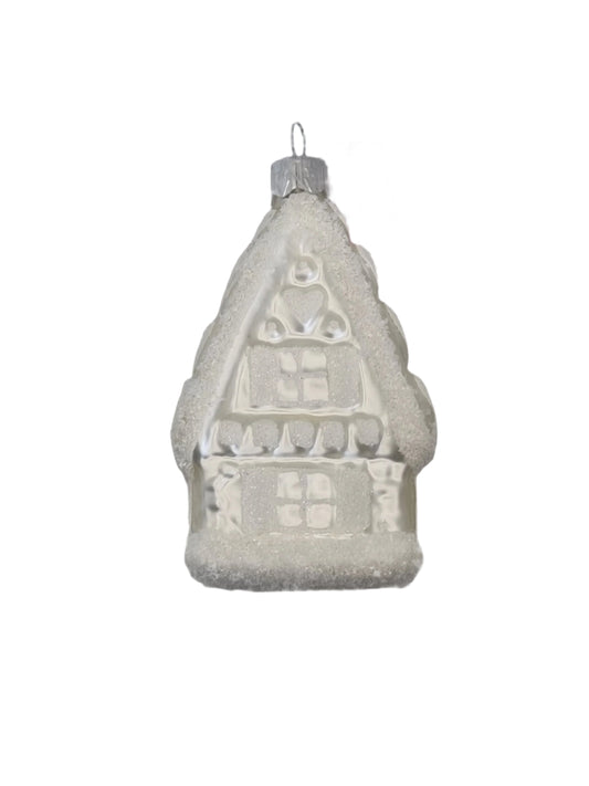 European Glass Christmas ornament of a House | White with Frosted Roof & Hearts (N)