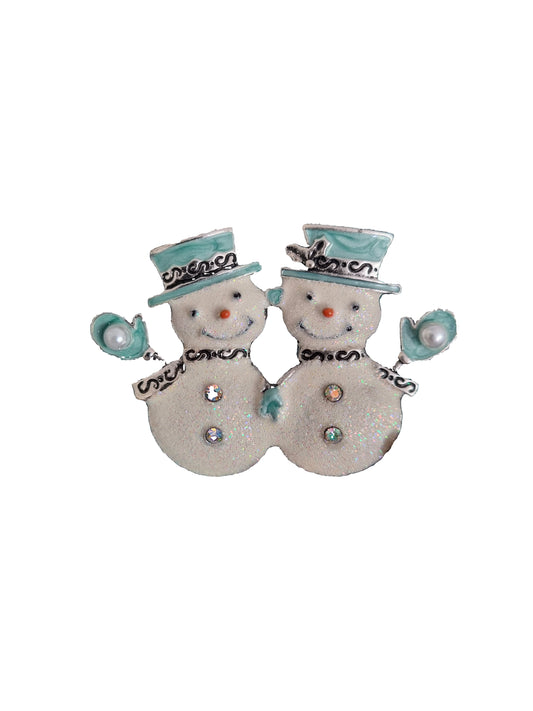 Double sparkly snowman brooch with blue hats and mittens from Jablonec featuring european preciosa crystals