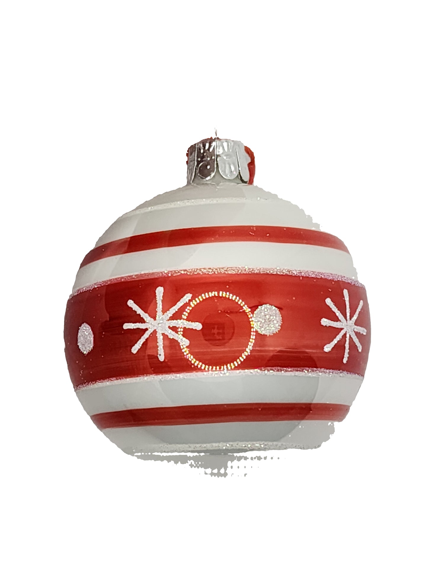 Red and white striped ornament with snowflake designs against a light background